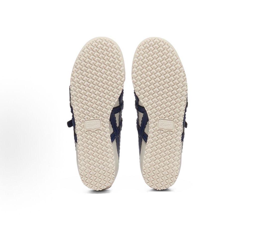 : Onitsuka Tiger Mexico 66 TGRS vintage running sneaker in Birch and Peacoat navy, featuring a cream leather upper and signature side stripes, SKU 1182A678-200.