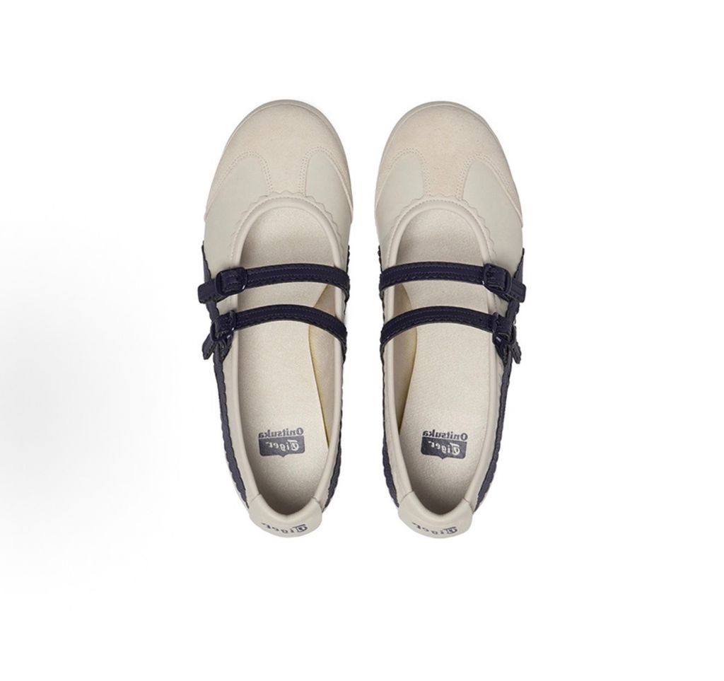 : Onitsuka Tiger Mexico 66 TGRS vintage running sneaker in Birch and Peacoat navy, featuring a cream leather upper and signature side stripes, SKU 1182A678-200.