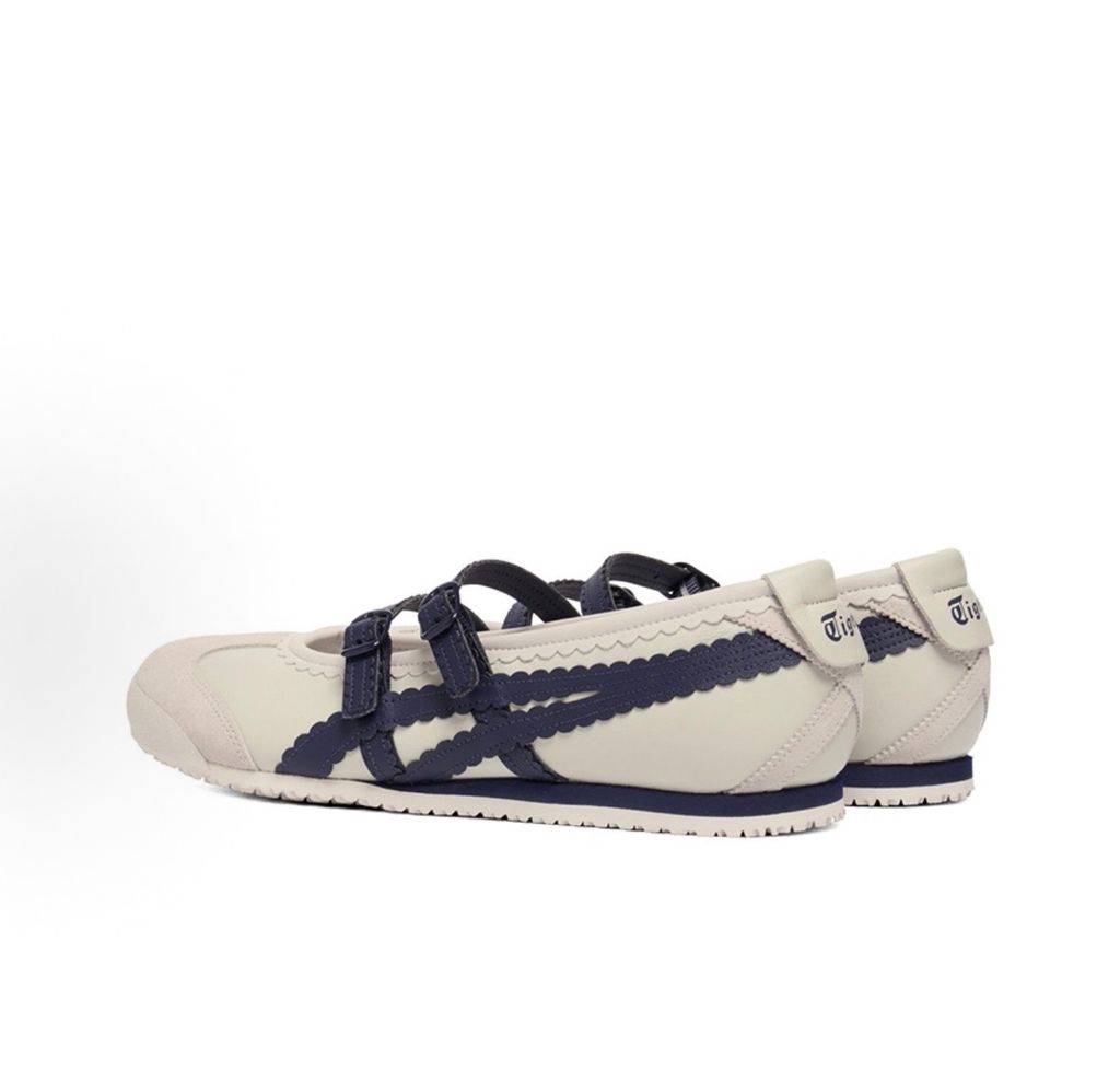 : Onitsuka Tiger Mexico 66 TGRS vintage running sneaker in Birch and Peacoat navy, featuring a cream leather upper and signature side stripes, SKU 1182A678-200.