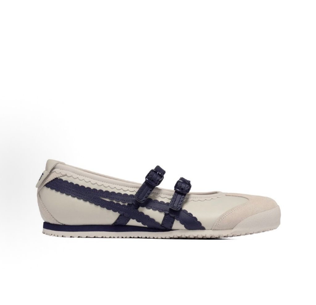 : Onitsuka Tiger Mexico 66 TGRS vintage running sneaker in Birch and Peacoat navy, featuring a cream leather upper and signature side stripes, SKU 1182A678-200.