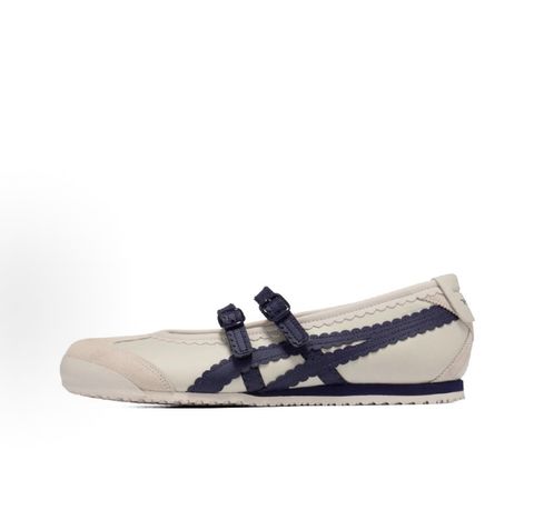 : Onitsuka Tiger Mexico 66 TGRS vintage running sneaker in Birch and Peacoat navy, featuring a cream leather upper and signature side stripes, SKU 1182A678-200.
