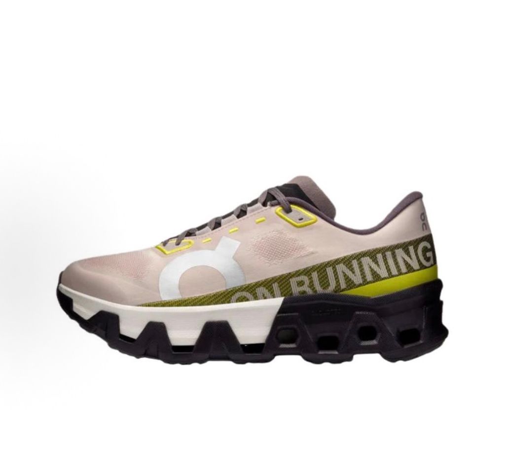On Running Cloudmonster Hyper maximalist running shoe in Fade grey and Lime green, featuring a massive dual-tone CloudTec midsole and bold 'ON RUNNING' side branding, SKU 3ME10134323.
