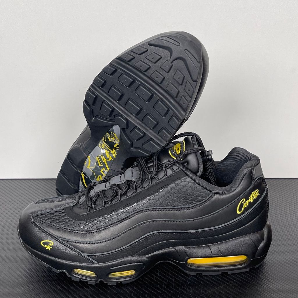 Limited edition Nike Air Max 95 x Corteiz (CRTZ RTW) sneaker in Honey and Black, featuring premium leather overlays, netted mesh, and visible Air units, SKU FB2709-003.