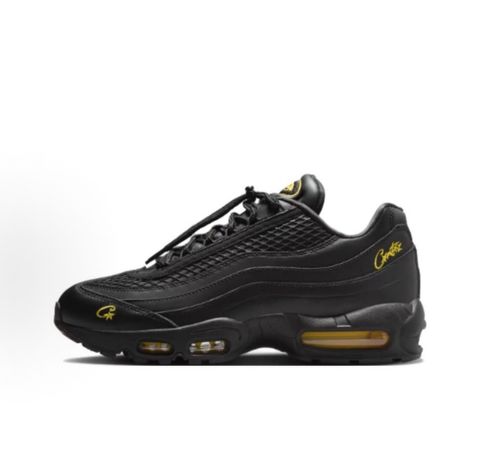 Limited edition Nike Air Max 95 x Corteiz (CRTZ RTW) sneaker in Honey and Black, featuring premium leather overlays, netted mesh, and visible Air units, SKU FB2709-003.