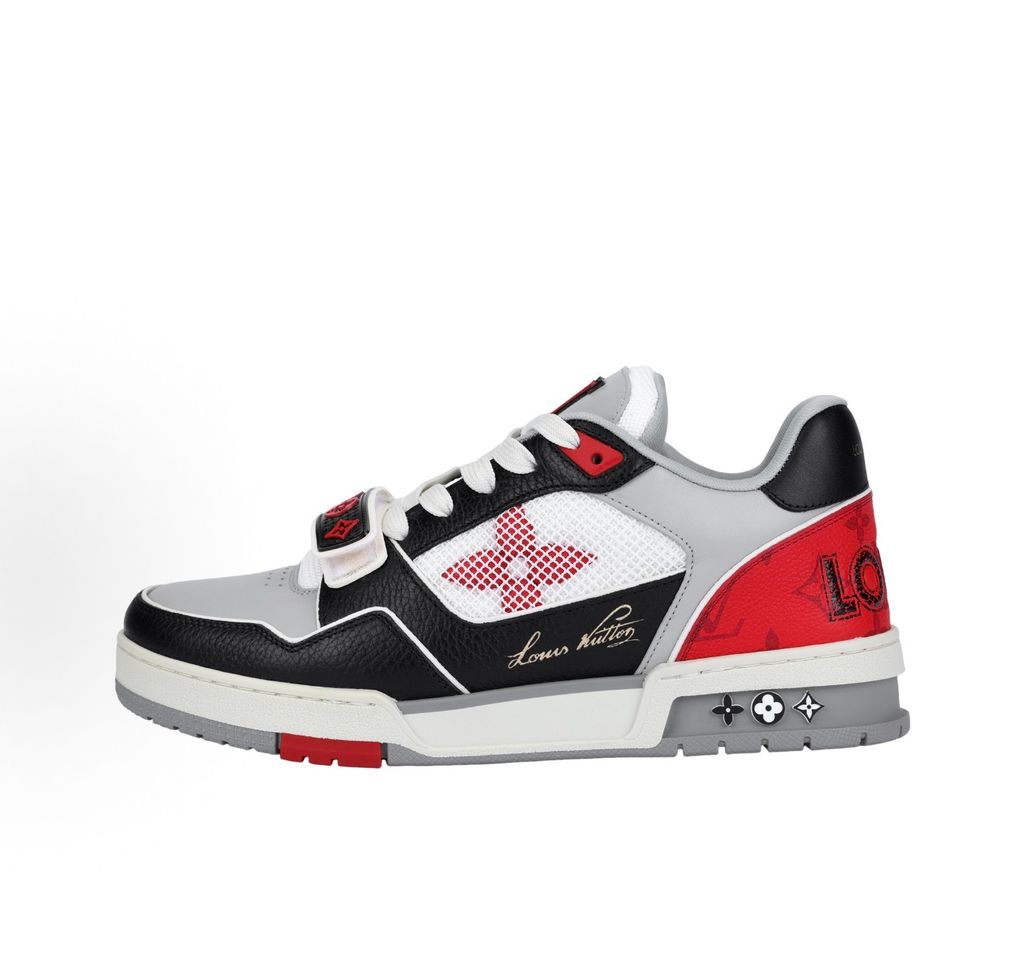 Louis Vuitton LV Trainer Mid sneaker in black, grey, and red premium calf leather, featuring a branded velcro strap across the forefoot, SKU 1AC4ZU.