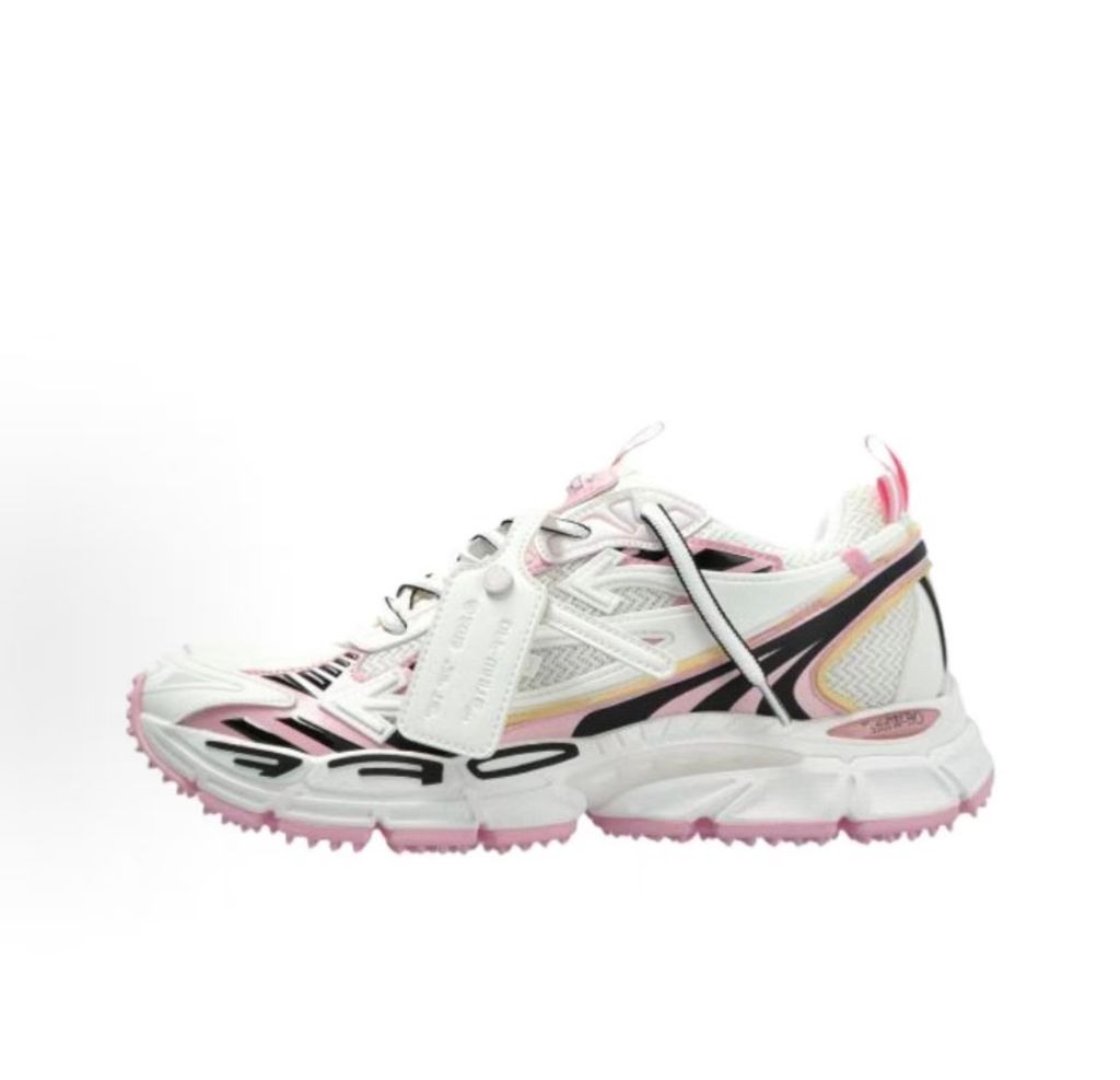 Off-White Be Right Back runner sneaker in a white, pink, and black colorway, featuring breathable mesh, dynamic synthetic overlays, the signature arrow logo, and a white zip-tie tag.