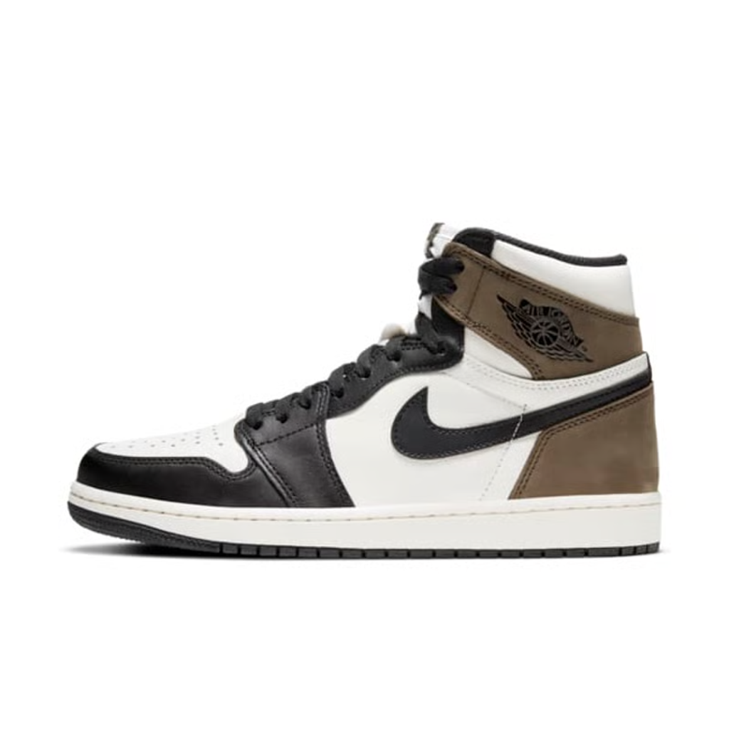 Air Jordan 1 Retro High OG high-top sneaker featuring a Sail white leather base, Black leather forefoot overlays, and Dark Mocha brown suede on the heel, SKU 555088-105.