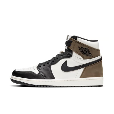 Air Jordan 1 Retro High OG high-top sneaker featuring a Sail white leather base, Black leather forefoot overlays, and Dark Mocha brown suede on the heel, SKU 555088-105.