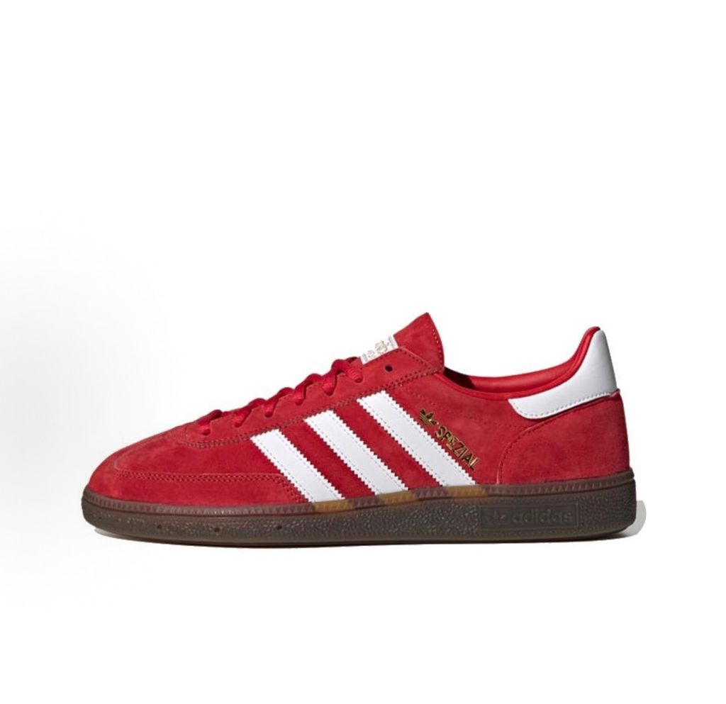 adidas Handball Spezial vintage terrace sneaker in vibrant Scarlet red suede, featuring crisp Footwear White leather Three Stripes and a classic gum rubber sole, SKU FV1227.