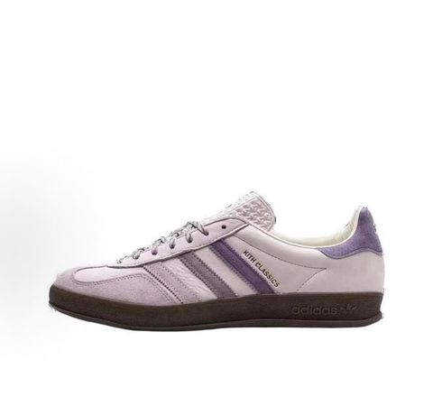 adidas Gazelle Indoor x Kith Classics vintage terrace sneaker in Ash Purple suede, featuring white tumbled leather Three Stripes and a translucent gum rubber sole, SKU IH0120.