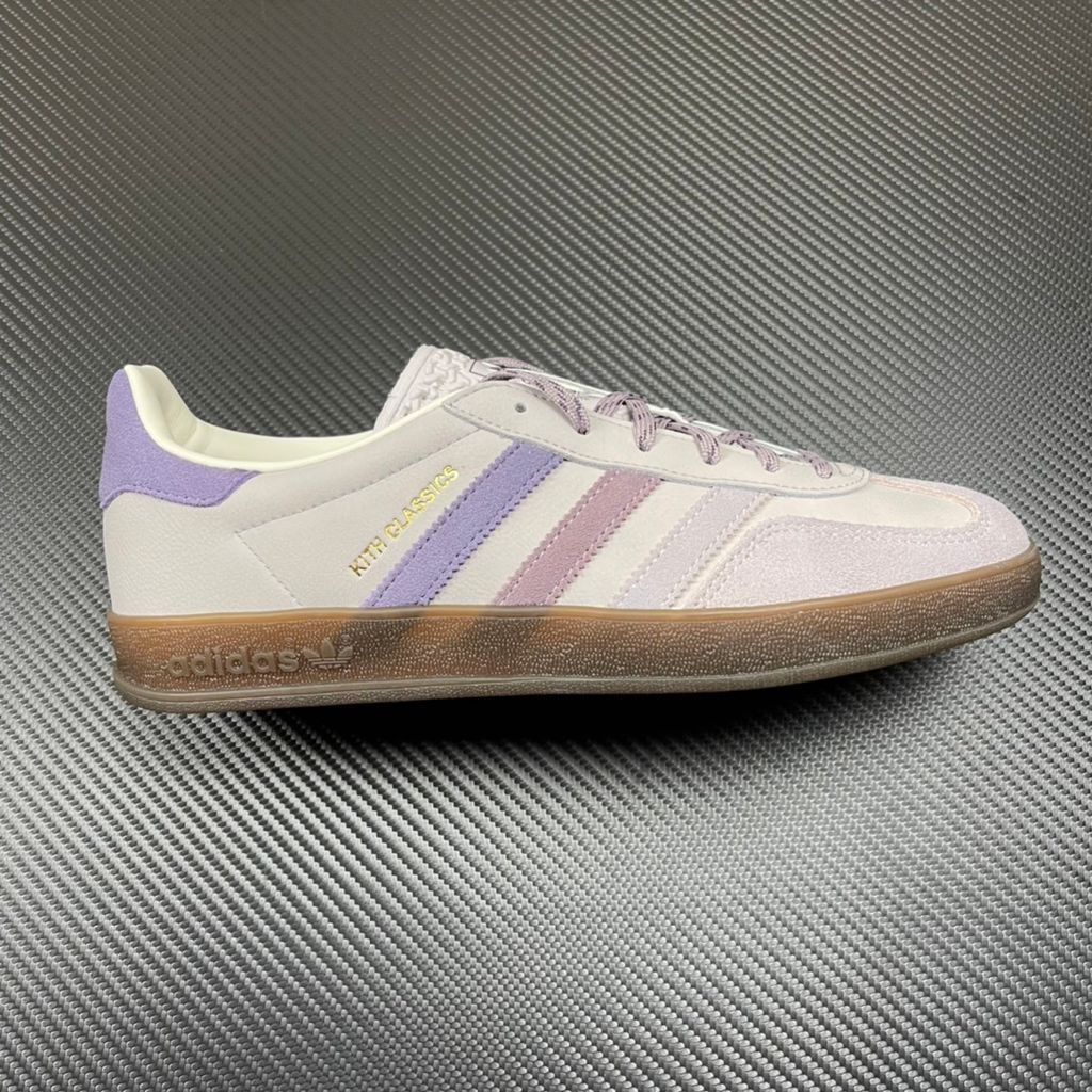 adidas Gazelle Indoor x Kith Classics vintage terrace sneaker in Ash Purple suede, featuring white tumbled leather Three Stripes and a translucent gum rubber sole, SKU IH0120.