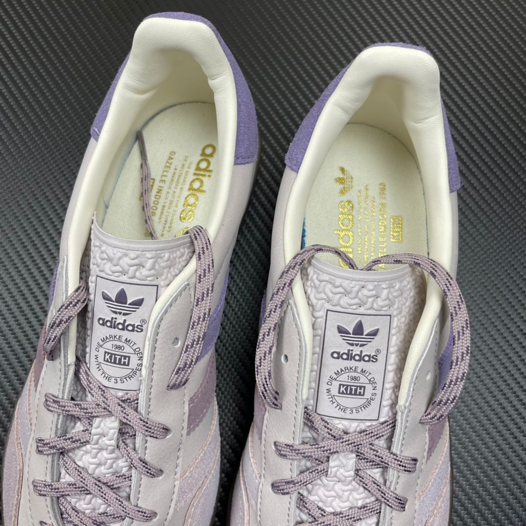 img_a465612e_20240710_i1720548042_9069_8.jpgadidas Gazelle Indoor x Kith Classics vintage terrace sneaker in Ash Purple suede, featuring white tumbled leather Three Stripes and a translucent gum rubber sole, SKU IH0120.