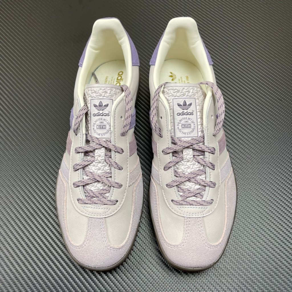 adidas Gazelle Indoor x Kith Classics vintage terrace sneaker in Ash Purple suede, featuring white tumbled leather Three Stripes and a translucent gum rubber sole, SKU IH0120.