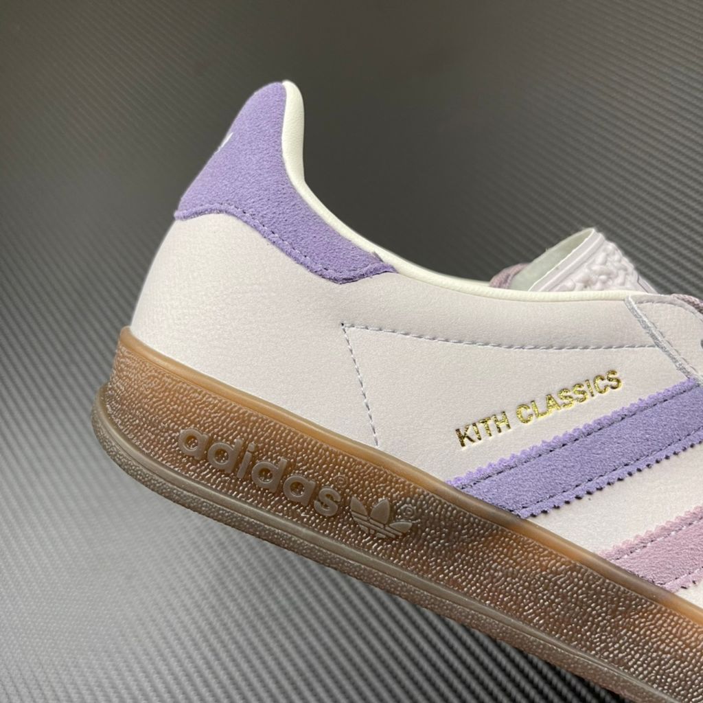 adidas Gazelle Indoor x Kith Classics vintage terrace sneaker in Ash Purple suede, featuring white tumbled leather Three Stripes and a translucent gum rubber sole, SKU IH0120.