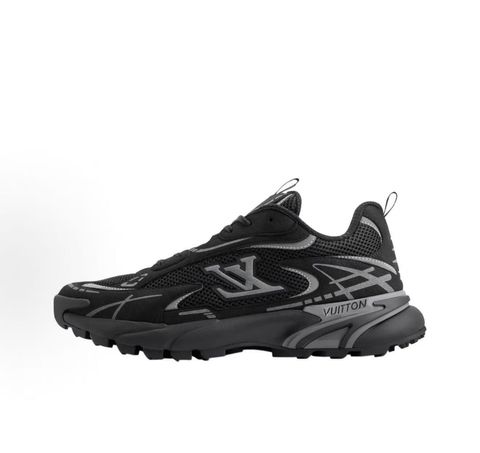 Louis Vuitton Tatic Runner lifestyle sneaker in black mesh and synthetic materials, featuring white and grey accents, prominent LV side logo, and "VUITTON" midsole embossing, SKU 1AKC07.