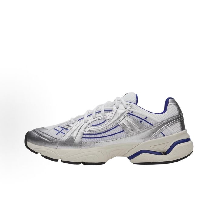 Under Armour UA Sola retro tech-runner side profile, featuring a white breathable mesh upper, dynamic metallic silver synthetic overlays, and vibrant purple accents on the midsole and collar, SKU 6005284-103.