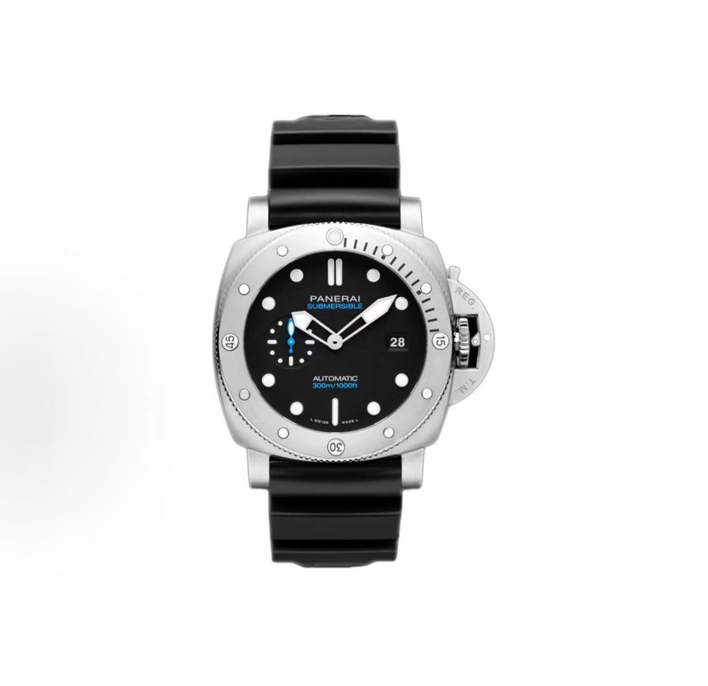 Panerai Submersible QuarantaQuattro luxury dive watch featuring a 44mm brushed steel case, black dial with luminescent hour markers, and a durable black rubber strap, reference PAM01229.
