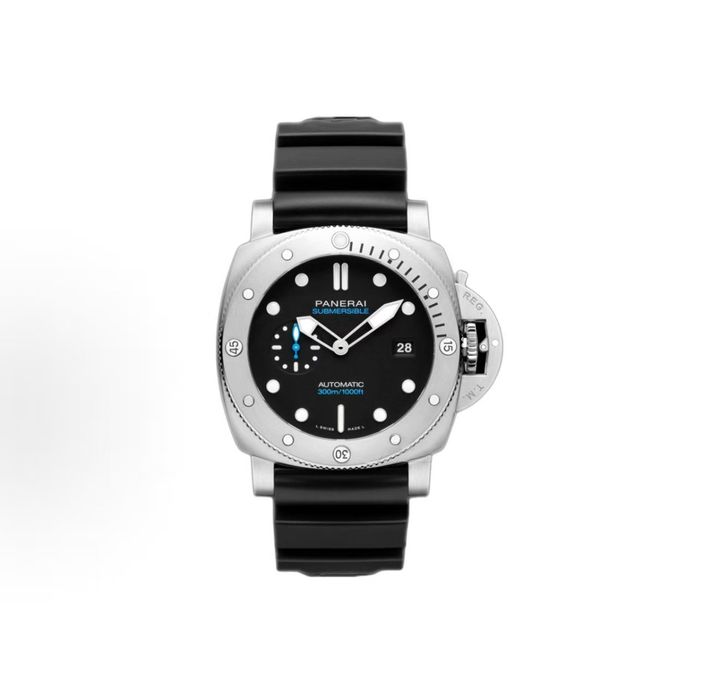 Panerai Submersible QuarantaQuattro luxury dive watch featuring a 44mm brushed steel case, black dial with luminescent hour markers, and a durable black rubber strap, reference PAM01229.