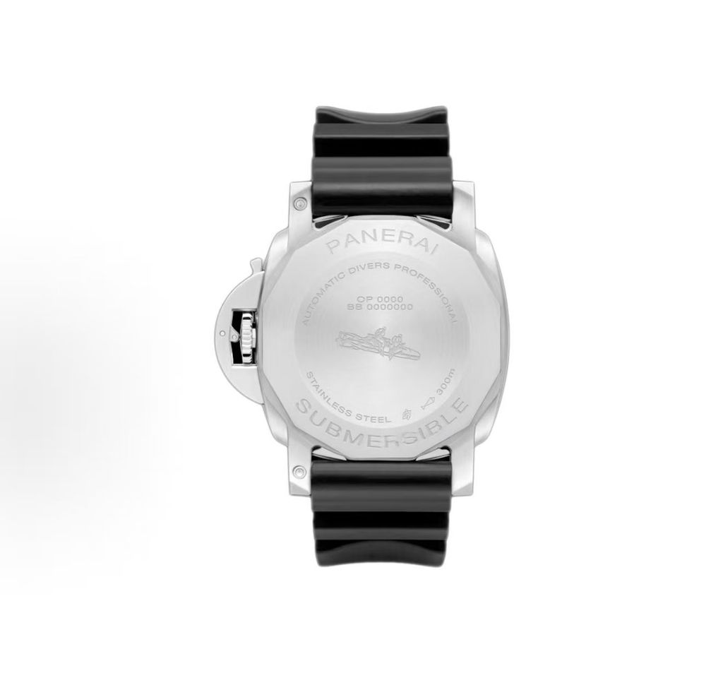 Panerai Submersible QuarantaQuattro luxury dive watch featuring a 44mm brushed steel case, black dial with luminescent hour markers, and a durable black rubber strap, reference PAM01229.
