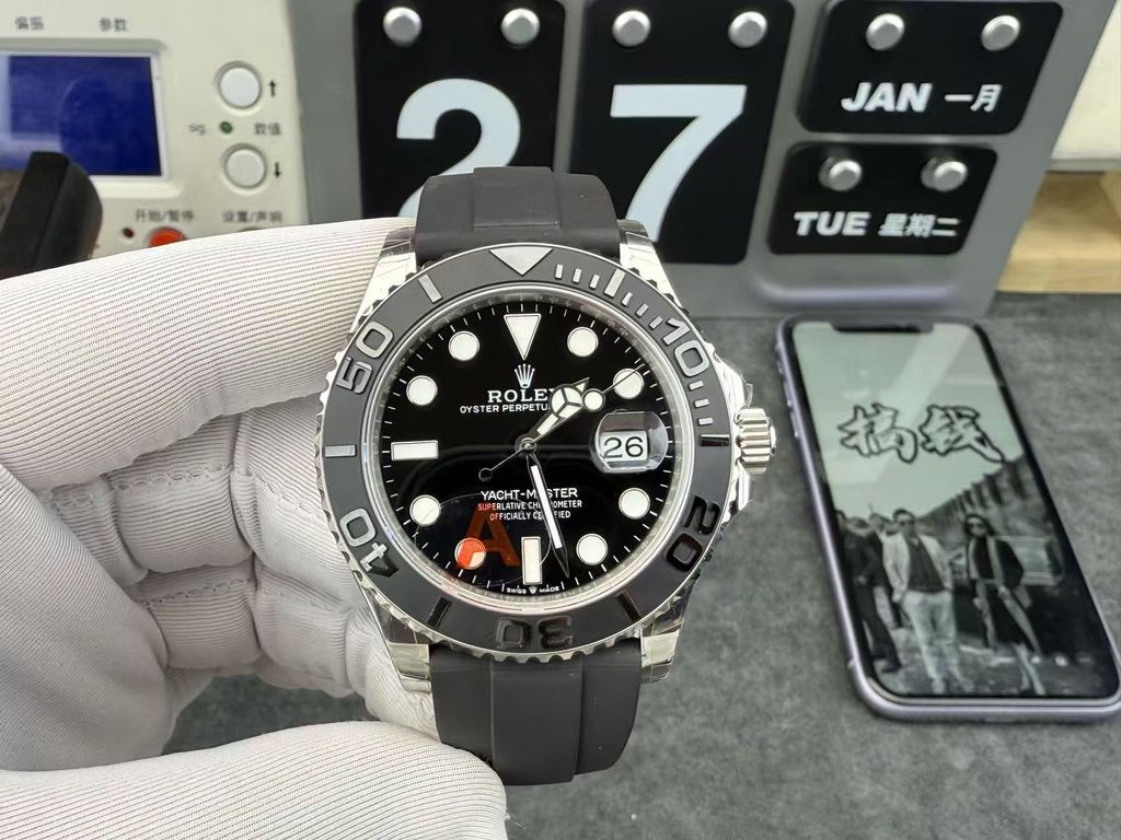 Rolex Yacht-Master 42 luxury timepiece featuring a 42 mm 18 ct white gold case, black dial with Chromalight display, and an innovative black Oysterflex bracelet, reference 226659.
