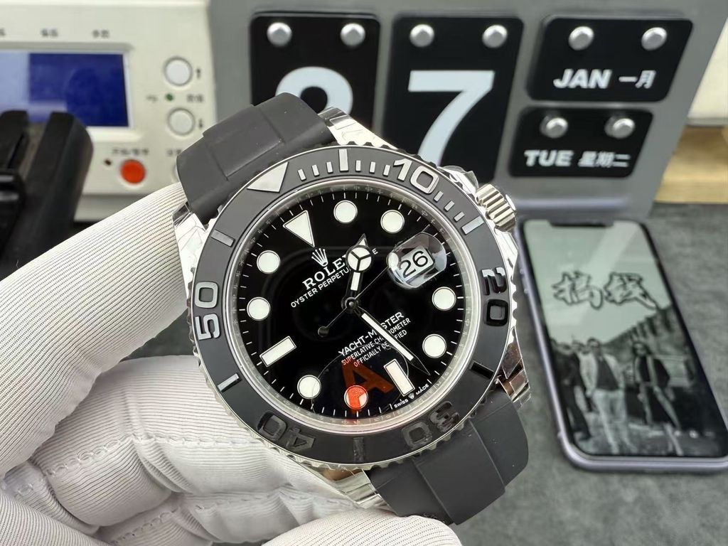 Rolex Yacht-Master 42 luxury timepiece featuring a 42 mm 18 ct white gold case, black dial with Chromalight display, and an innovative black Oysterflex bracelet, reference 226659.