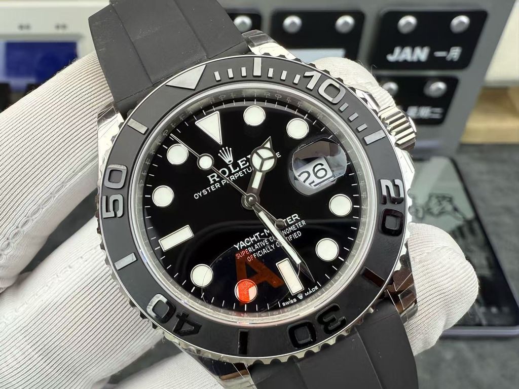 Rolex Yacht-Master 42 luxury timepiece featuring a 42 mm 18 ct white gold case, black dial with Chromalight display, and an innovative black Oysterflex bracelet, reference 226659.
