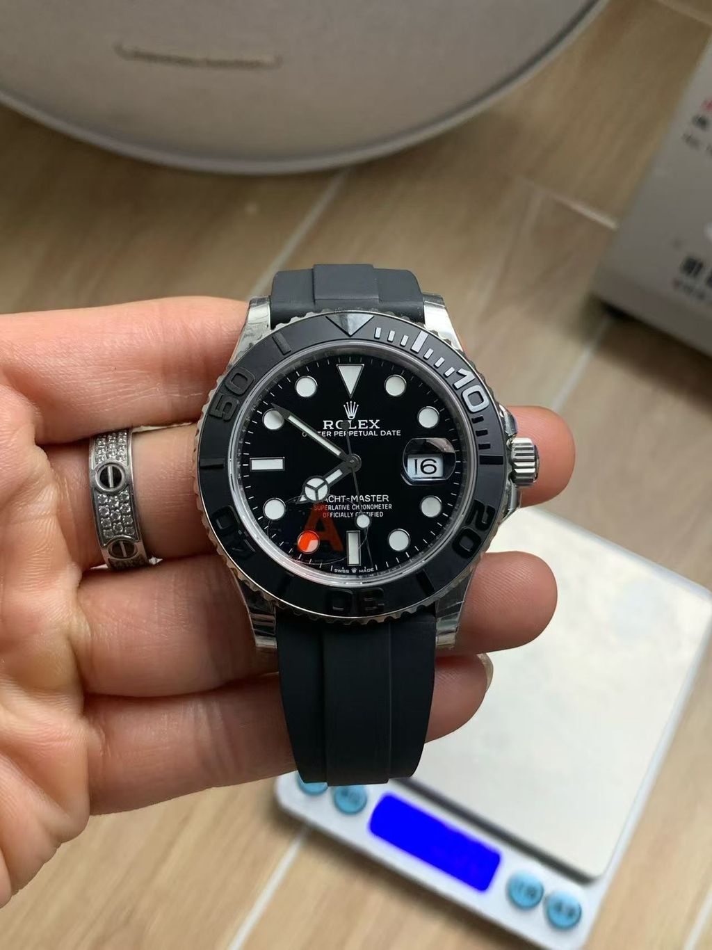 Rolex Yacht-Master 42 luxury timepiece featuring a 42 mm 18 ct white gold case, black dial with Chromalight display, and an innovative black Oysterflex bracelet, reference 226659.
