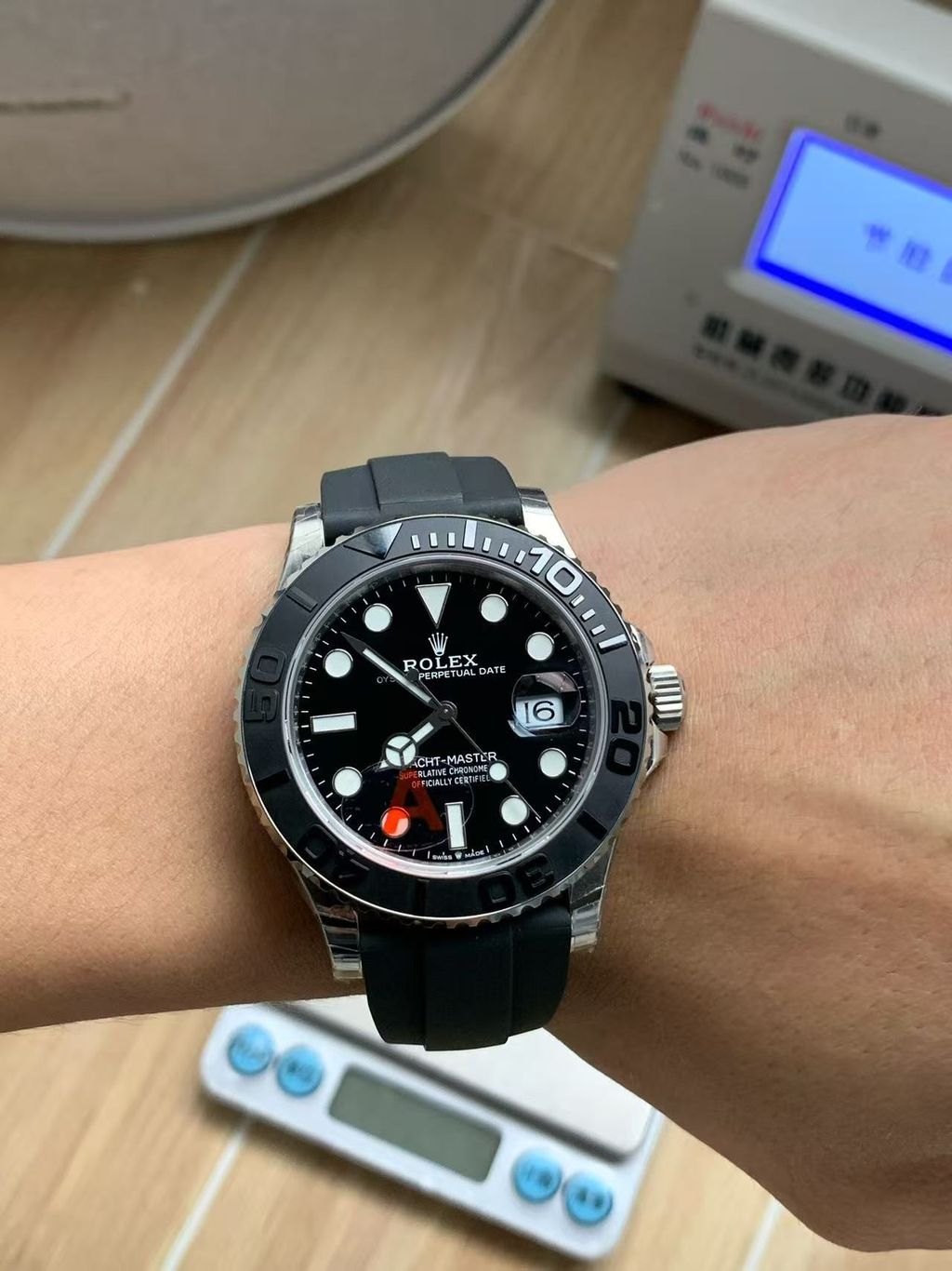 Rolex Yacht-Master 42 luxury timepiece featuring a 42 mm 18 ct white gold case, black dial with Chromalight display, and an innovative black Oysterflex bracelet, reference 226659.