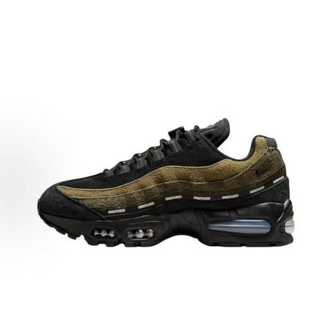 Nike Air Max 95 SP x Undefeated "Geo La Brea" sneaker featuring a layered gradient upper in Medium Olive and dark green tones, premium suede construction, and a contrasting black midsole, SKU IB4523-200.