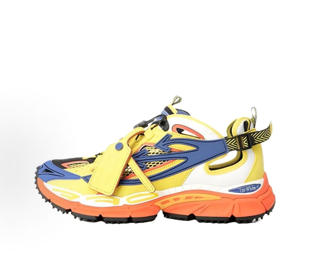 Side profile of the Off-White "Be Right" sneaker featuring a vibrant yellow mesh upper, bold blue signature arrow overlays, a chunky orange sculpted midsole, and black technical heel straps.