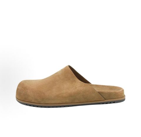 Side profile of the Rick Owens Mainline premium suede closed-toe Megalace Mule in Granola Brown, featuring a minimalist silhouette and textured finish.