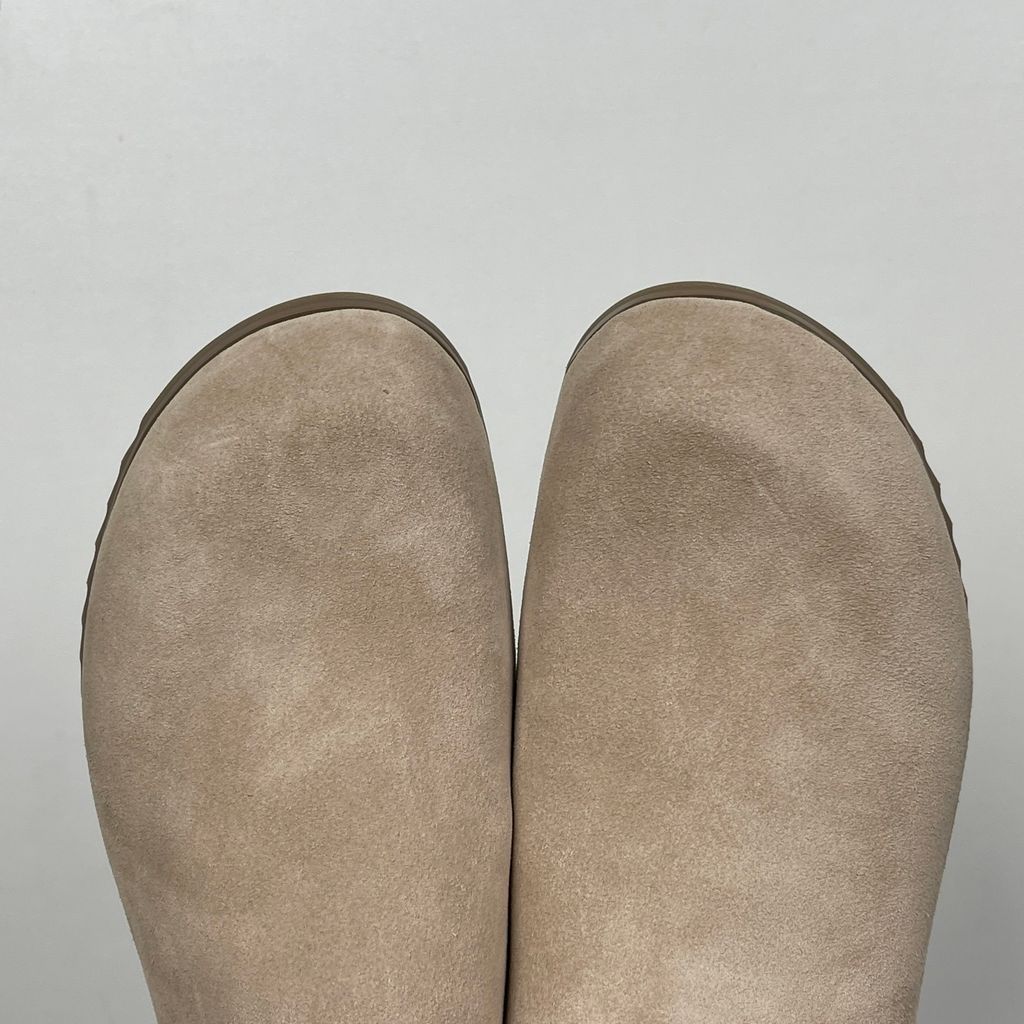 Side profile of the Rick Owens Mainline premium suede closed-toe Megalace Mule in Granola Brown, featuring a minimalist silhouette and textured finish.