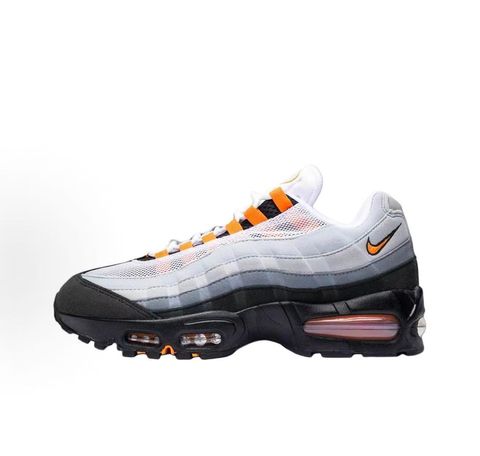 Side profile of the Nike Air Max 95 OG 'Big Bubble' Bright Mandarin 2.0, showcasing the signature layered gradient upper, vibrant orange eyelets and branding, and the enlarged visible Air unit in the heel.