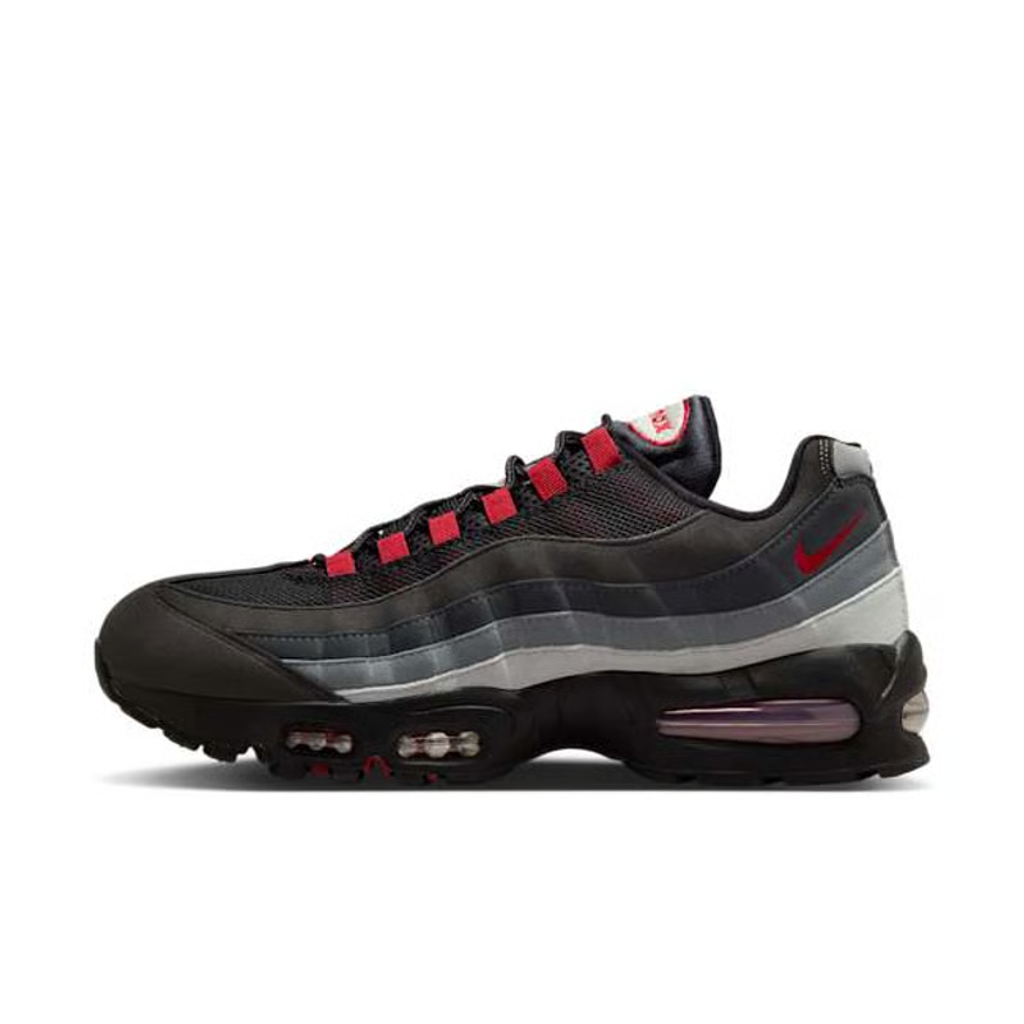 Side profile of the Nike Air Max 95 OG 'Big Bubble' x Liverpool F.C., showcasing the signature anatomy-inspired gradient upper, subtle club-inspired color accents, and the enlarged visible Air unit in the heel.