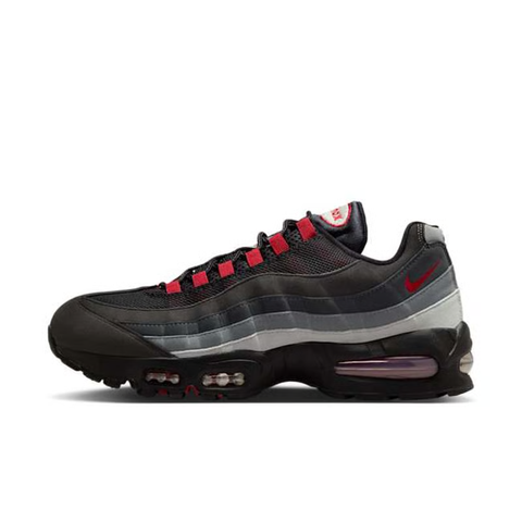 Side profile of the Nike Air Max 95 OG 'Big Bubble' x Liverpool F.C., showcasing the signature anatomy-inspired gradient upper, subtle club-inspired color accents, and the enlarged visible Air unit in the heel.