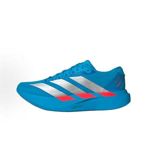 Side profile of the adidas Adizero Evo SL 'Ekiden' in a vibrant Solar Blue colorway, showcasing the breathable mesh upper, prominent Silver Metallic 3-Stripes branding, and the responsive Lightstrike Pro cushioned midsole.