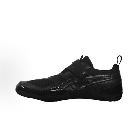 Side profile of the ASICS Hyper Taping x Issey Miyake in all-black, showcasing the sleek minimalist upper, intricate structural tape overlays, and streamlined black midsole.