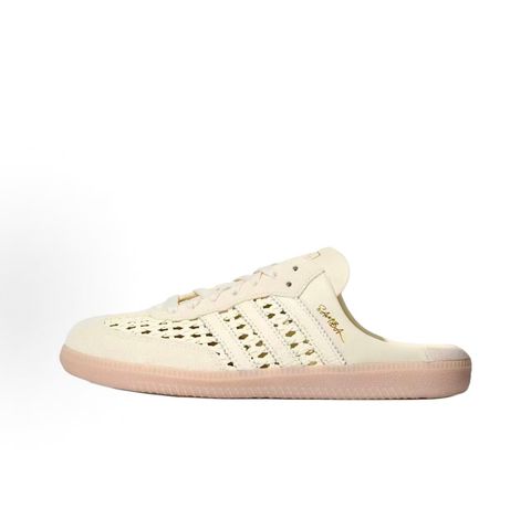 Side profile of the adidas Samba OG Mule W in Cream White, showcasing the backless slip-on silhouette, intricate woven side panels replacing the traditional 3-Stripes, premium suede T-toe, and light gum rubber outsole.
