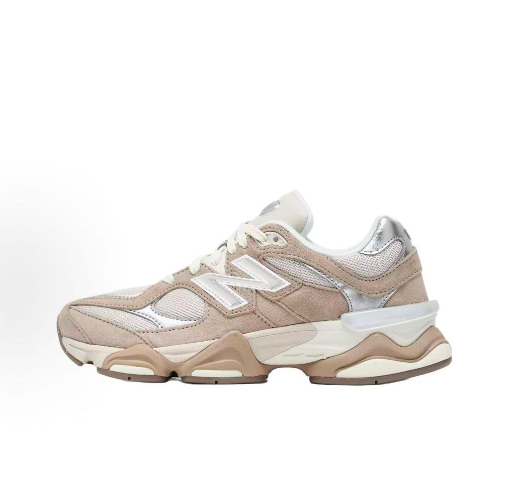 Side profile of the New Balance 9060 'Moonbeam Driftwood', showcasing the breathable cream mesh upper, rich earthy brown suede overlays, the classic silver metallic 'N' logo, and the exaggerated, sculpted ABZORB and SBS cushioned midsole.