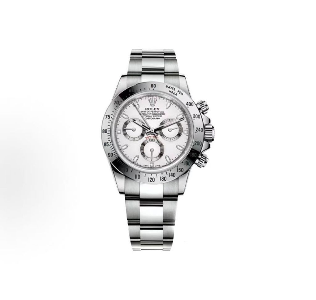 Front profile of the Rolex Cosmograph Daytona 116520, showcasing the crisp white dial, silver-ringed chronograph sub-dials, stainless steel tachymeter bezel, and polished Oyster bracelet.