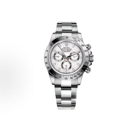 Front profile of the Rolex Cosmograph Daytona 116520, showcasing the crisp white dial, silver-ringed chronograph sub-dials, stainless steel tachymeter bezel, and polished Oyster bracelet.