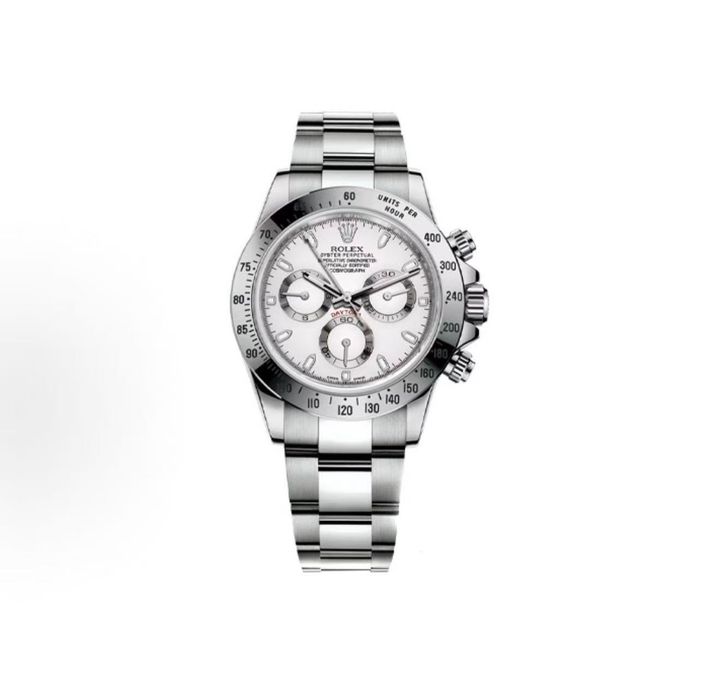 Front profile of the Rolex Cosmograph Daytona 116520, showcasing the crisp white dial, silver-ringed chronograph sub-dials, stainless steel tachymeter bezel, and polished Oyster bracelet.