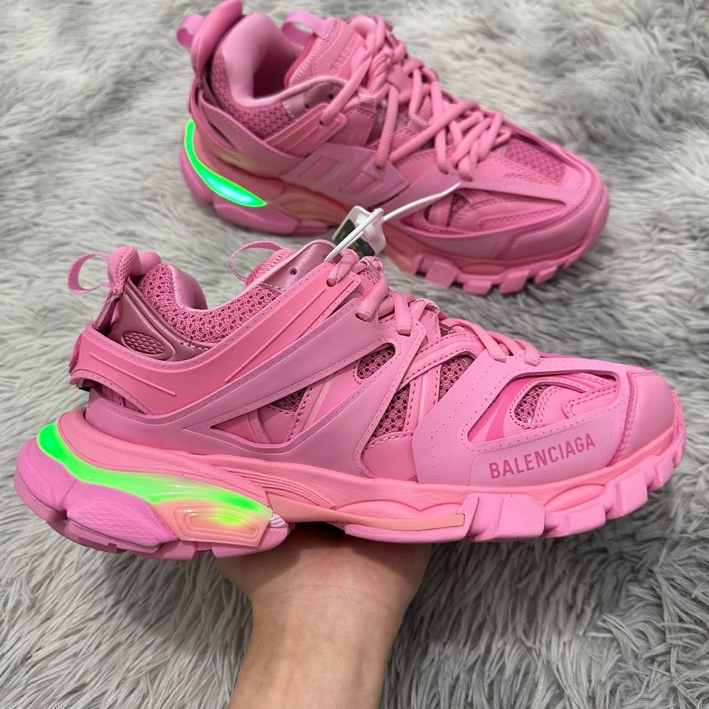 Balenciaga Track 1.0 LED Pink 555032W3AD45000 women's premium chunky luxury sneaker profile with light up heel detail available at HYPEKIXK with international shipping