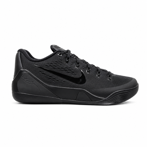 Side profile of the Nike Kobe 9 EM Low Protro TB sneaker in a monochromatic 'Triple Black' colorway, showcasing the stealthy Engineered Mesh upper, tonal black Swoosh, carbon fiber heel counter, and the signature black pressure-mapped outsole.