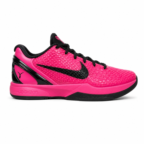 Side profile of the Nike Kobe 6 Protro 'Kay Yow Think Pink' 2026 sneaker, showcasing the vibrant pink snake-scale textured upper, contrasting white Swoosh, signature Kay Yow ribbon detailing on the heel, and the supportive heel counter.