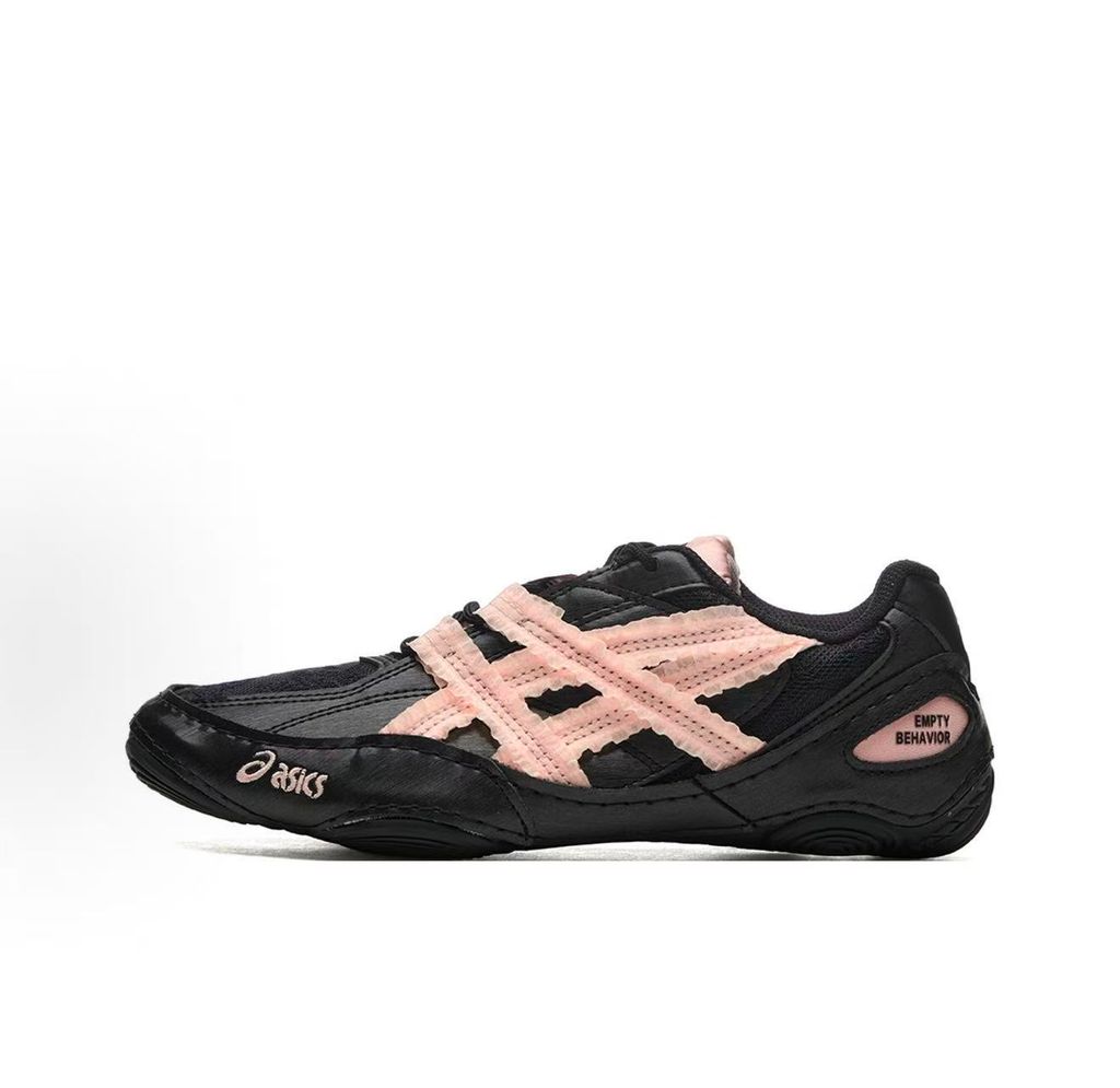Side profile of the ASICS Hypersync sneaker in the 'Empty Behavior - Black Breeze' colorway, showcasing a stealthy black breathable mesh upper, signature ASICS branding, structural synthetic overlays, and a sleek, supportive midsole.