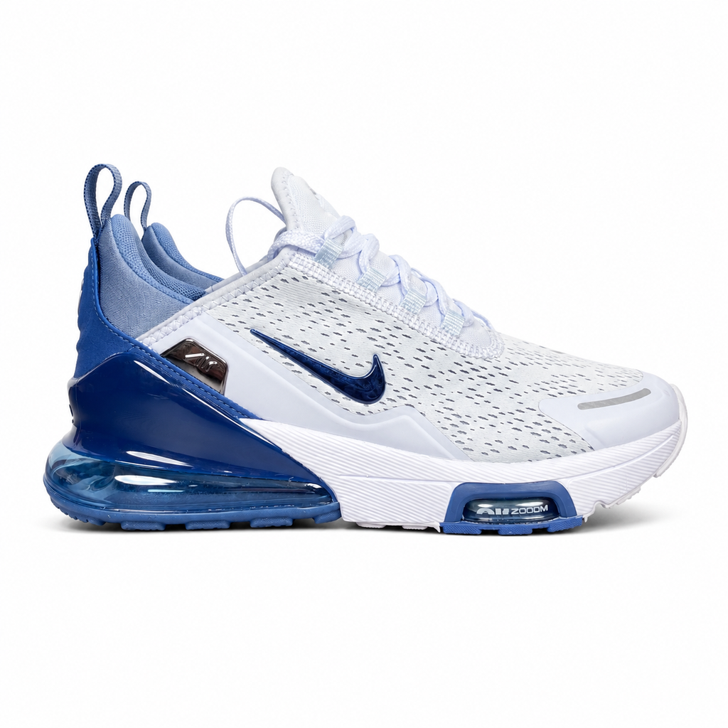 Side profile of the Nike Air Max 270 Premium sneaker in a subtle 'Football Grey' and 'Work Blue' colorway, highlighting the updated breathable premium upper, tonal overlays, and the massive, signature translucent 270-degree Max Air heel unit.