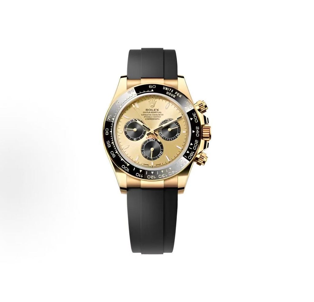 Front-facing view of the Rolex Cosmograph Daytona 126518LN, highlighting the polished 18ct yellow gold case, contrasting black Cerachrom tachymetric bezel, and the sophisticated golden and black dial with snailed counters.