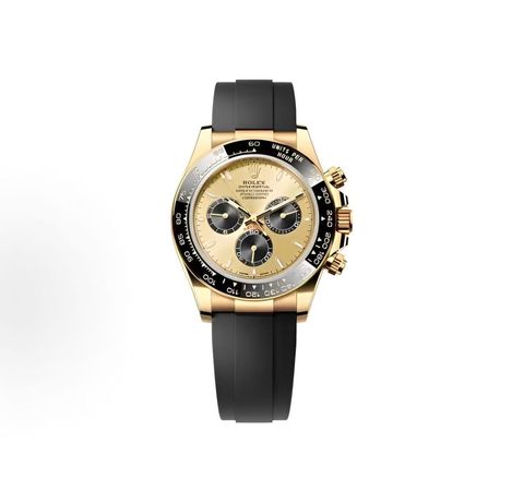 Front-facing view of the Rolex Cosmograph Daytona 126518LN, highlighting the polished 18ct yellow gold case, contrasting black Cerachrom tachymetric bezel, and the sophisticated golden and black dial with snailed counters.