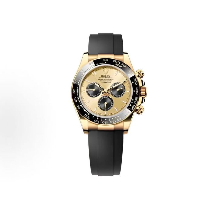 Front-facing view of the Rolex Cosmograph Daytona 126518LN, highlighting the polished 18ct yellow gold case, contrasting black Cerachrom tachymetric bezel, and the sophisticated golden and black dial with snailed counters.
